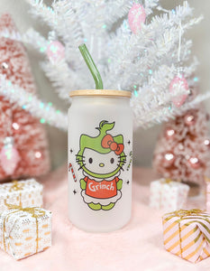 Grinch Kitty 16oz Glass Cup