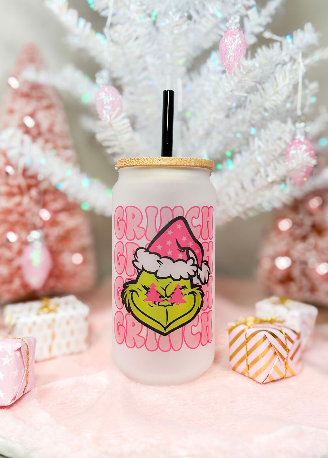 Pink Grinch 16oz Glass Cup